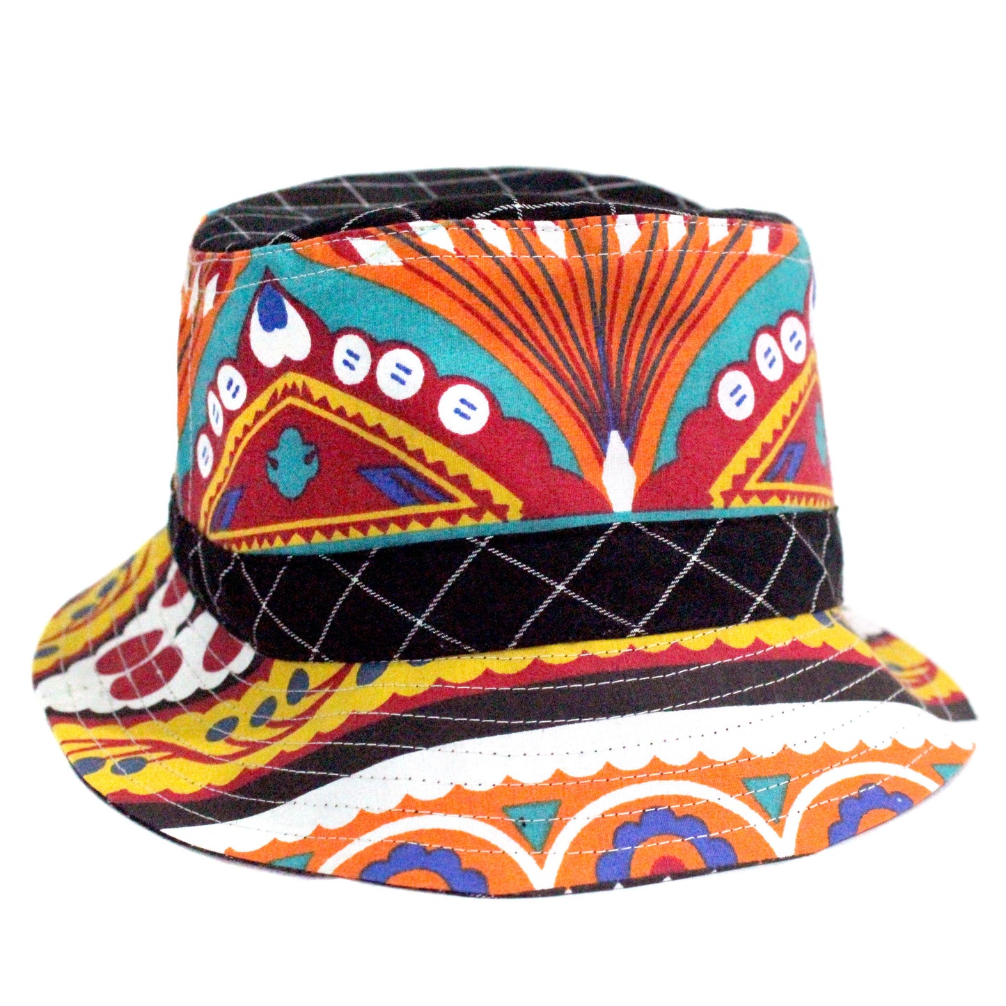 Handcrafted Bucket Hat for some music festival fashion inspiration , in cotton fabric with prints that were inspired by pakistani truck art